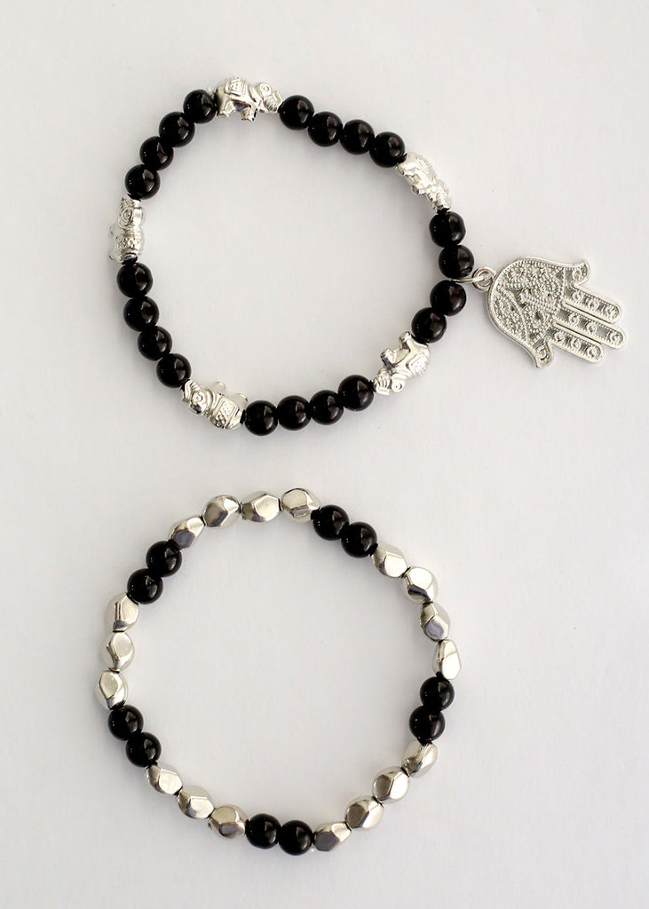 Double Bead Bracelet with Hamsa Hand Dangle Black/silver JEWELRY - Shop Miss A