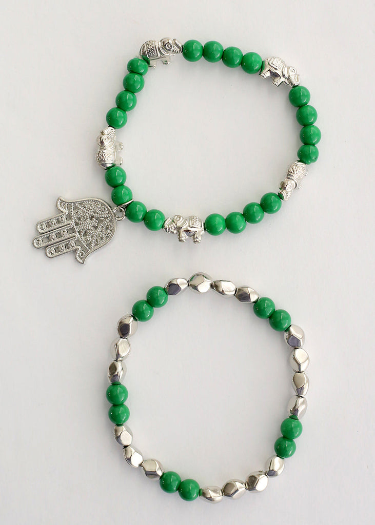 Double Bead Bracelet with Hamsa Hand Dangle Green/silver JEWELRY - Shop Miss A