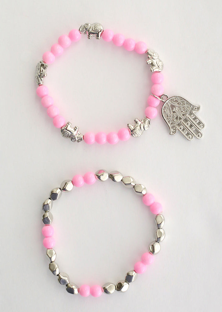 Double Bead Bracelet with Hamsa Hand Dangle Pink/silver JEWELRY - Shop Miss A