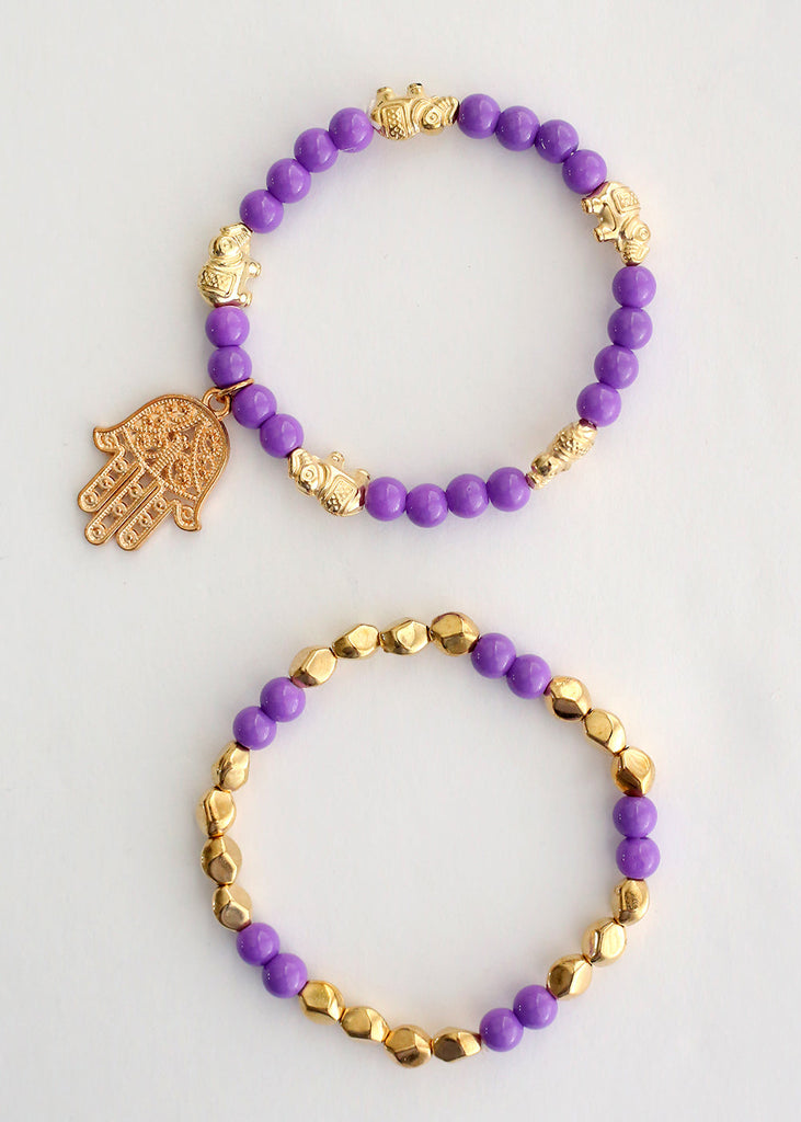 Double Bead Bracelet with Hamsa Hand Dangle Purple/gold JEWELRY - Shop Miss A