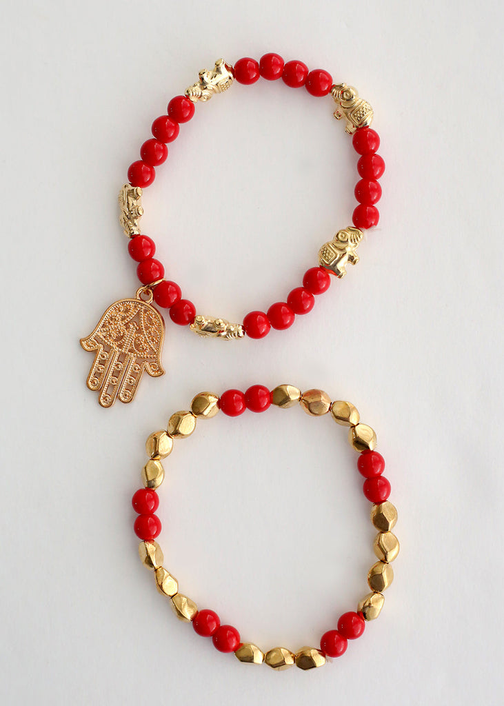Double Bead Bracelet with Hamsa Hand Dangle Red/gold JEWELRY - Shop Miss A