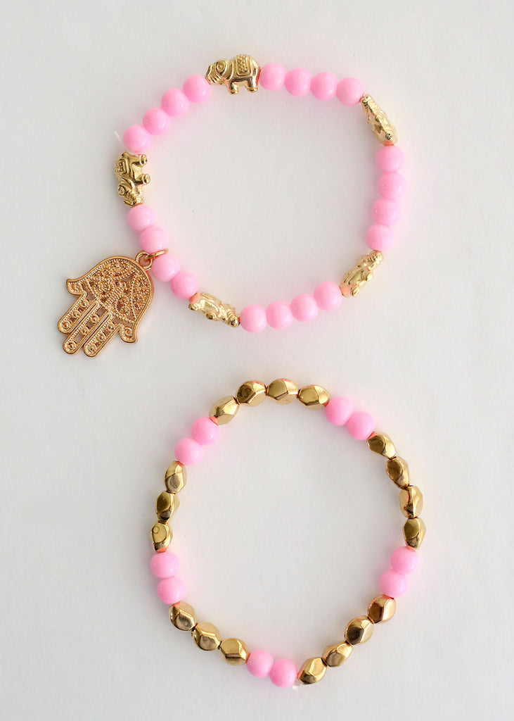 Double Bead Bracelet with Hamsa Hand Dangle Pink/gold JEWELRY - Shop Miss A