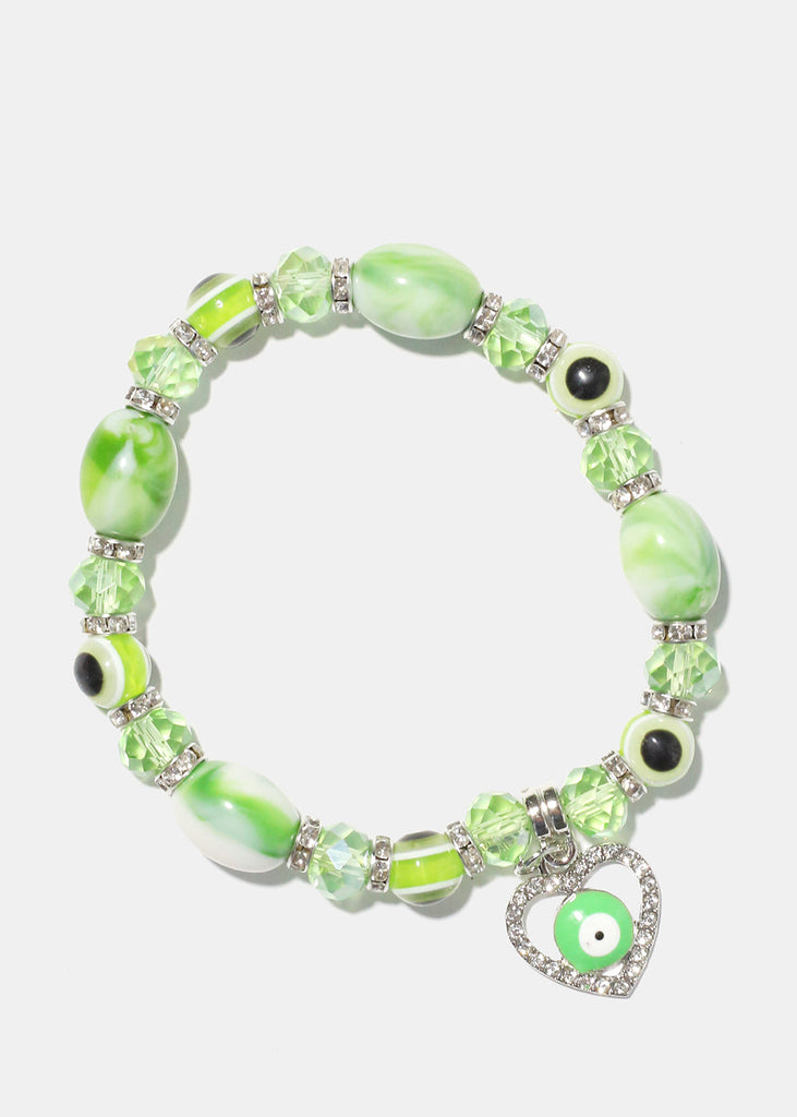 Light Color Bead Bracelet with Heart & evil Eye Green/silver JEWELRY - Shop Miss A