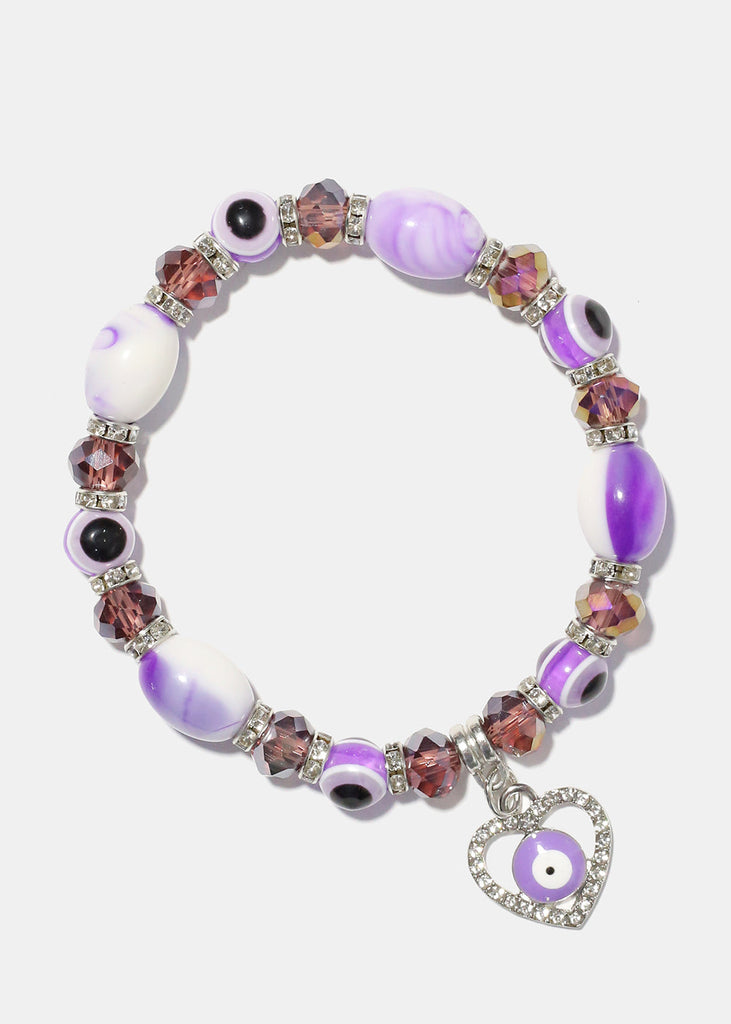 Light Color Bead Bracelet with Heart & evil Eye Purple/silver JEWELRY - Shop Miss A
