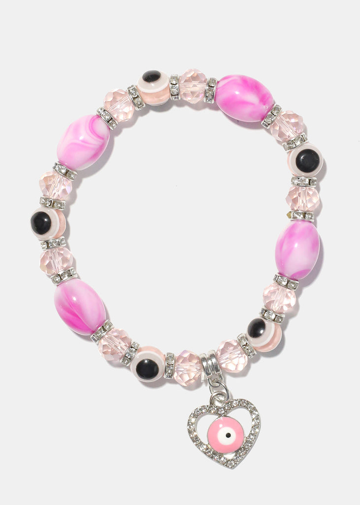 Light Color Bead Bracelet with Heart & evil Eye Pink/silver JEWELRY - Shop Miss A
