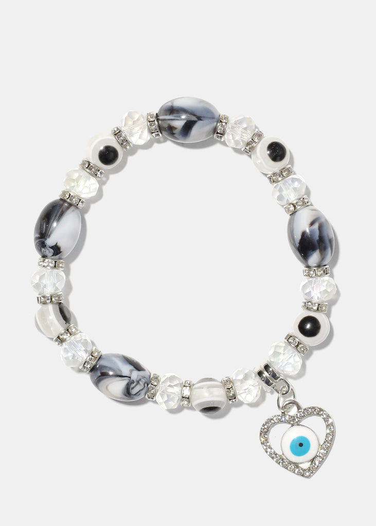 Light Color Bead Bracelet with Heart & evil Eye Black/silver JEWELRY - Shop Miss A