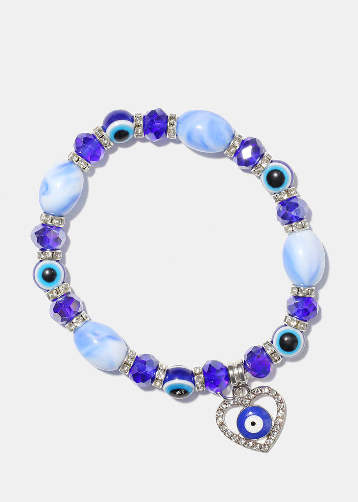 Light Color Bead Bracelet with Heart & evil Eye D. Blue/silver JEWELRY - Shop Miss A