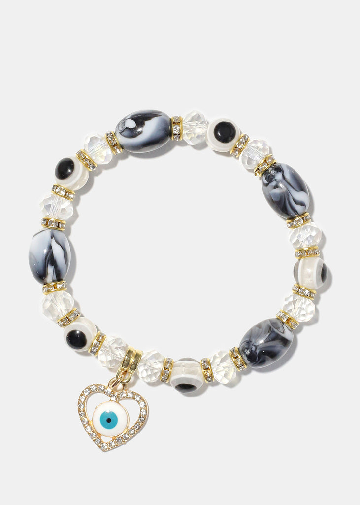 Light Color Bead Bracelet with Heart & evil Eye Black/gold JEWELRY - Shop Miss A