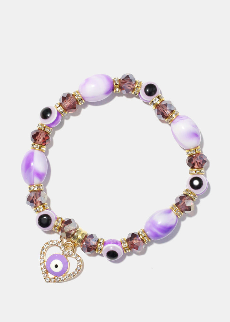 Light Color Bead Bracelet with Heart & evil Eye Purple/gold JEWELRY - Shop Miss A