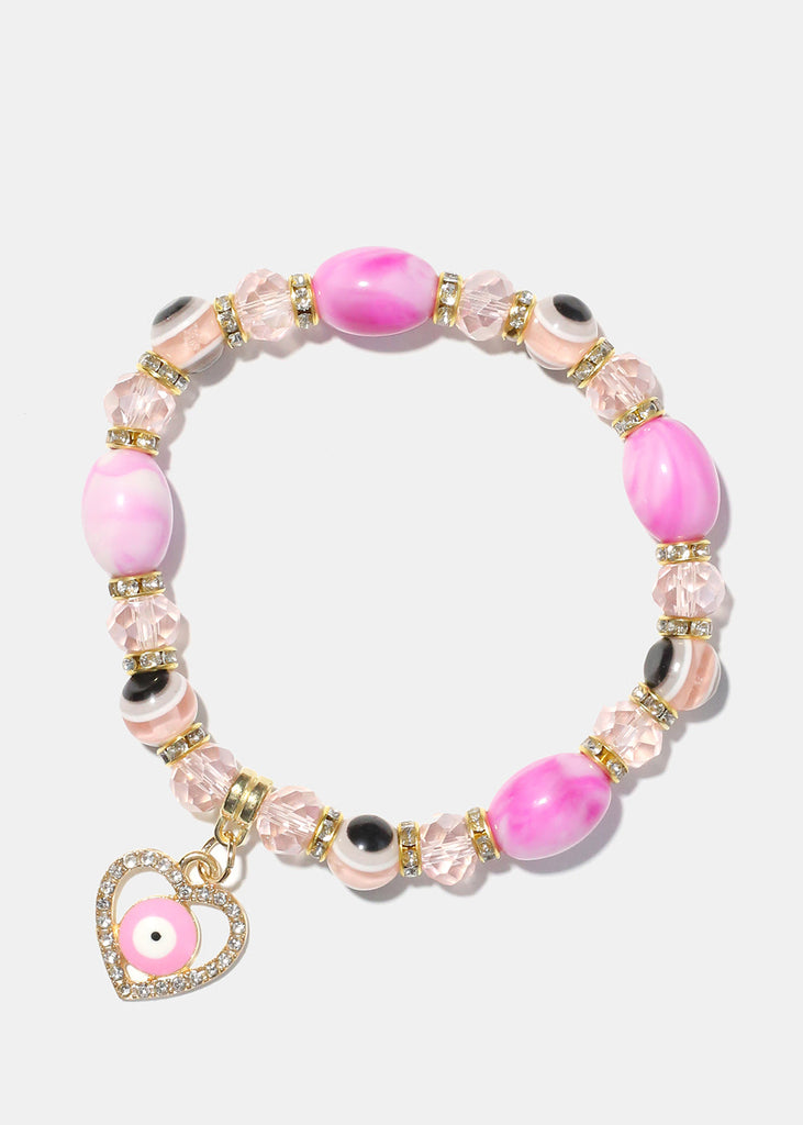 Light Color Bead Bracelet with Heart & evil Eye Pink/gold JEWELRY - Shop Miss A