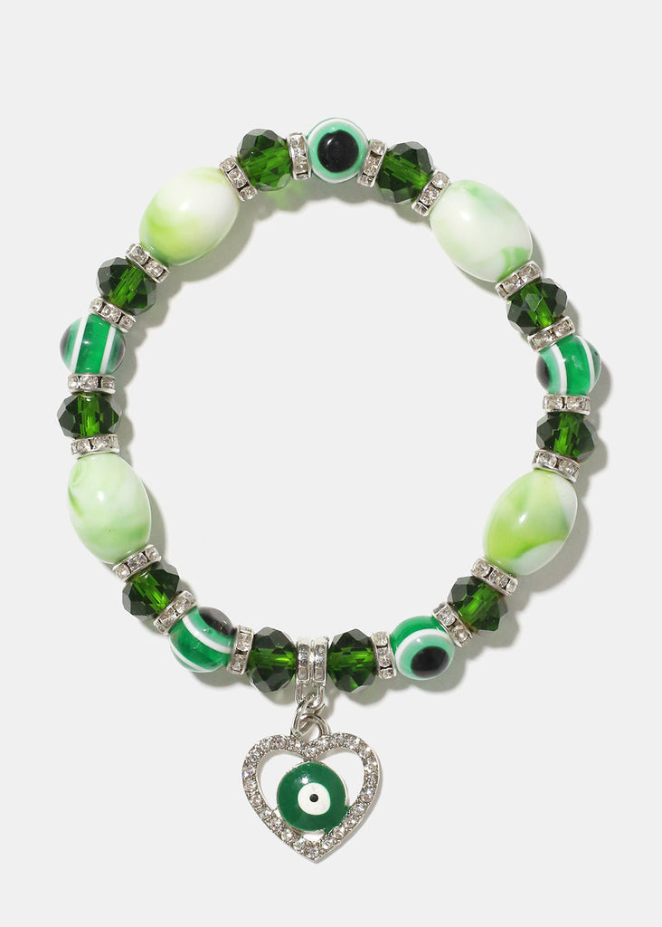 Heart & Evil Eye Beaded Bracelet Green/silver JEWELRY - Shop Miss A