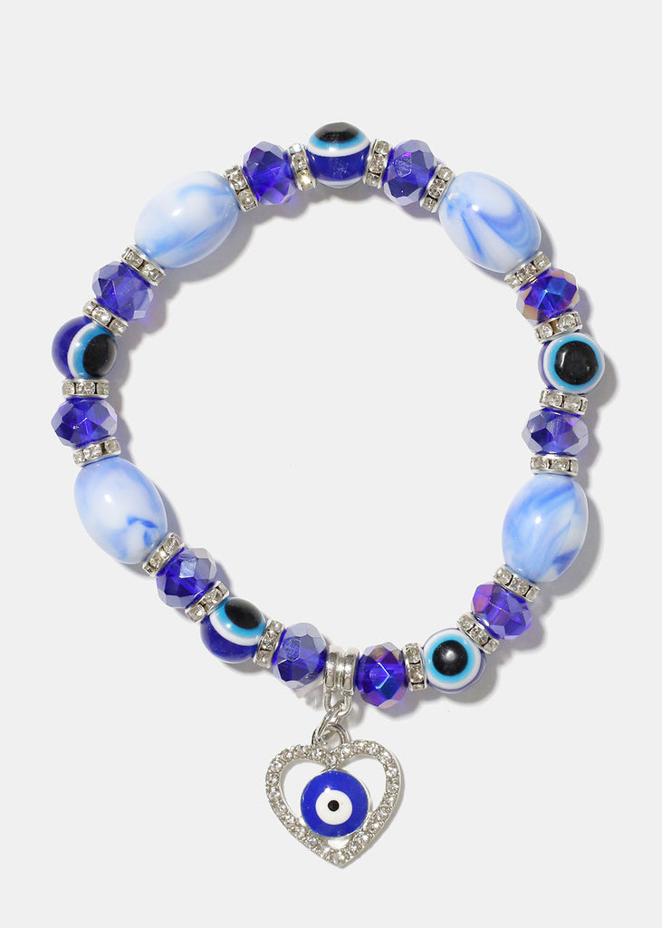 Heart & Evil Eye Beaded Bracelet Blue/silver JEWELRY - Shop Miss A