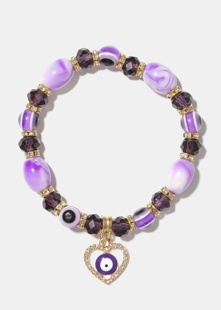 Heart & Evil Eye Beaded Bracelet Purple/gold JEWELRY - Shop Miss A