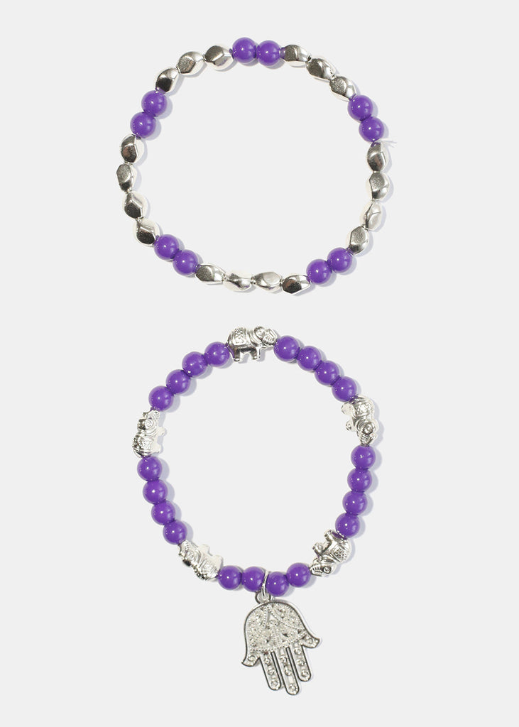 Bead Bracelet with Hamsa Hand Purple/silver JEWELRY - Shop Miss A