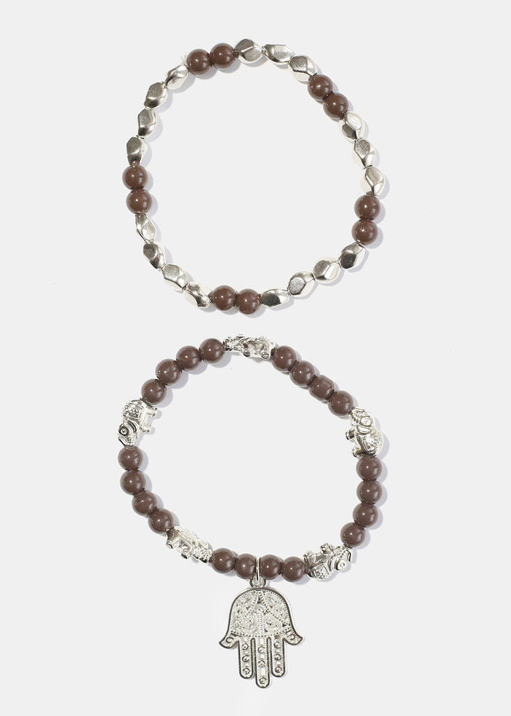 Bead Bracelet with Hamsa Hand Brown/silver JEWELRY - Shop Miss A