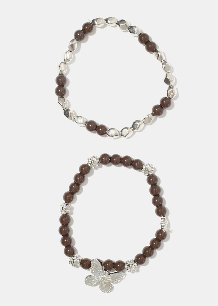 Dark Bead Bracelet with Butterfly Brown/silver JEWELRY - Shop Miss A