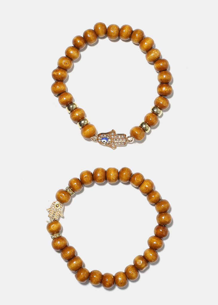 Hamsa Hand Wooden Bead Bracelet L. Brown /Gold JEWELRY - Shop Miss A