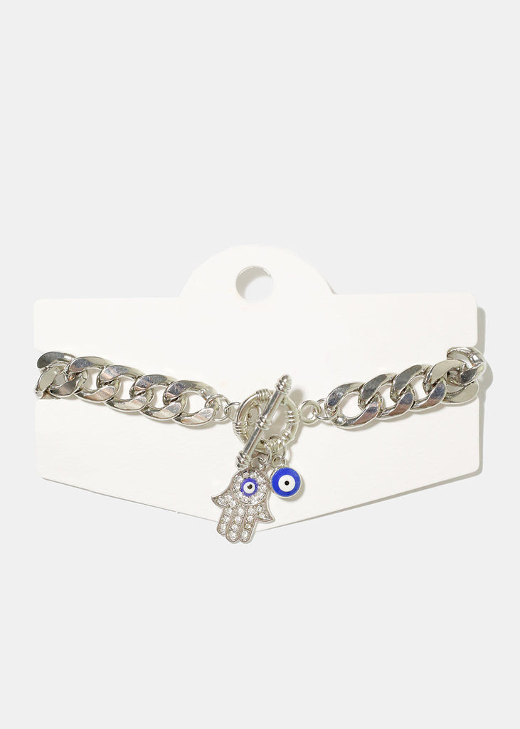 Hamsa Hand & Evil Eye Chain Bracelet Silver JEWELRY - Shop Miss A
