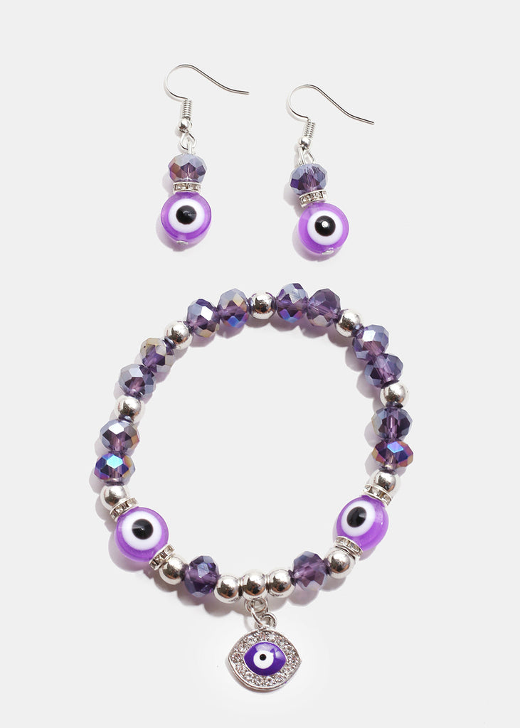 Colorful Evil Eye Bracelet & Earring Set S. Purple JEWELRY - Shop Miss A