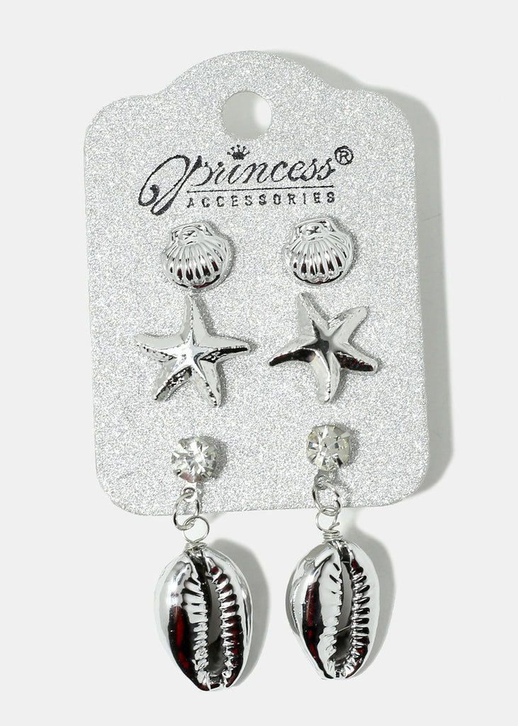 3-Pair Starfish & Cowrie Shell Earrings Silver JEWELRY - Shop Miss A
