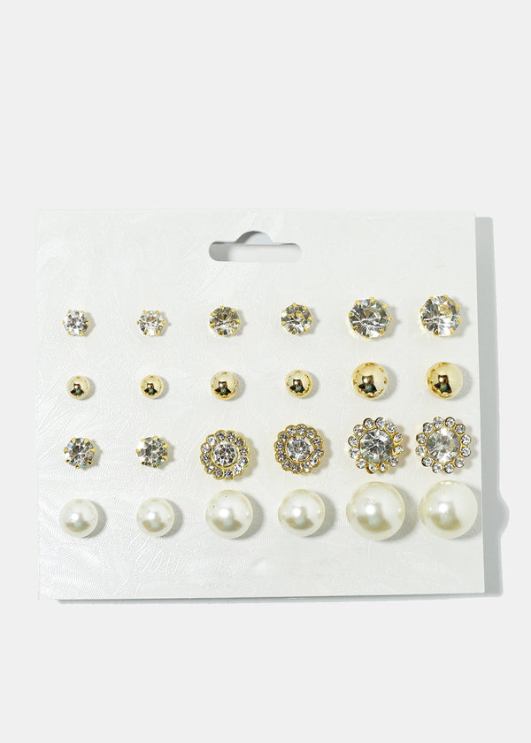 12-Pair Flower & Pearl Stud Earrings Gold JEWELRY - Shop Miss A
