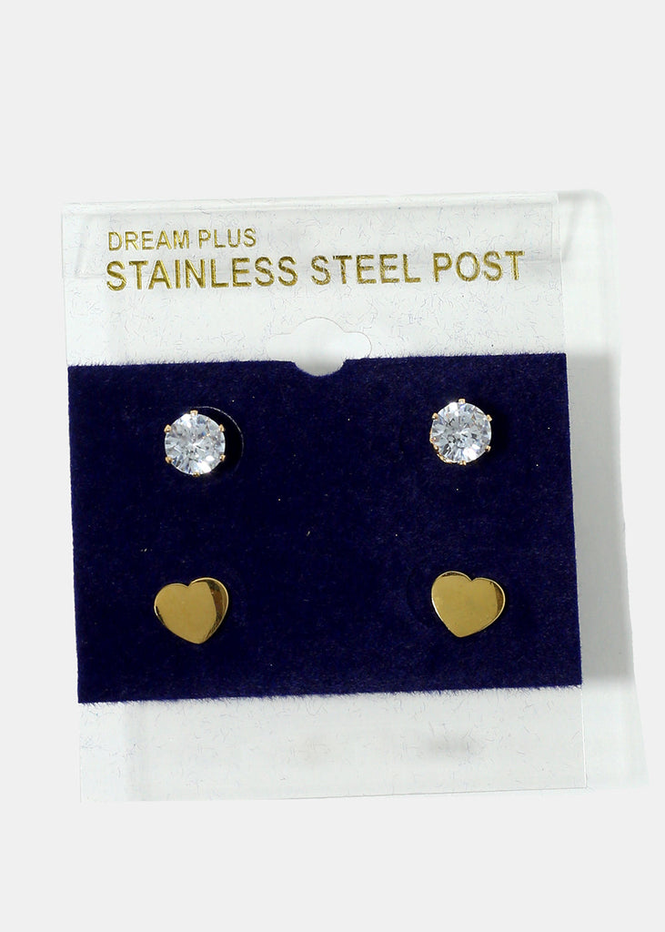 2-Pair Gemstone & Heart Stud Earrings Gold JEWELRY - Shop Miss A