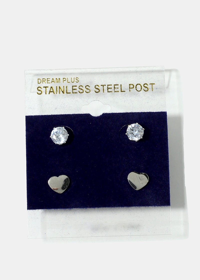 2-Pair Gemstone & Heart Stud Earrings Silver JEWELRY - Shop Miss A