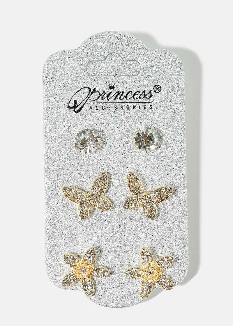 3-Pair Butterfly & Flower Stud Earrings Gold JEWELRY - Shop Miss A
