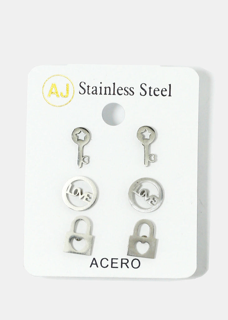 3-Pair Key & Lock Stud Earrings Silver JEWELRY - Shop Miss A