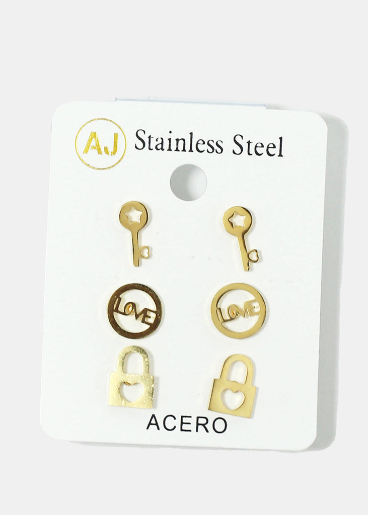3-Pair Key & Lock Stud Earrings Gold JEWELRY - Shop Miss A