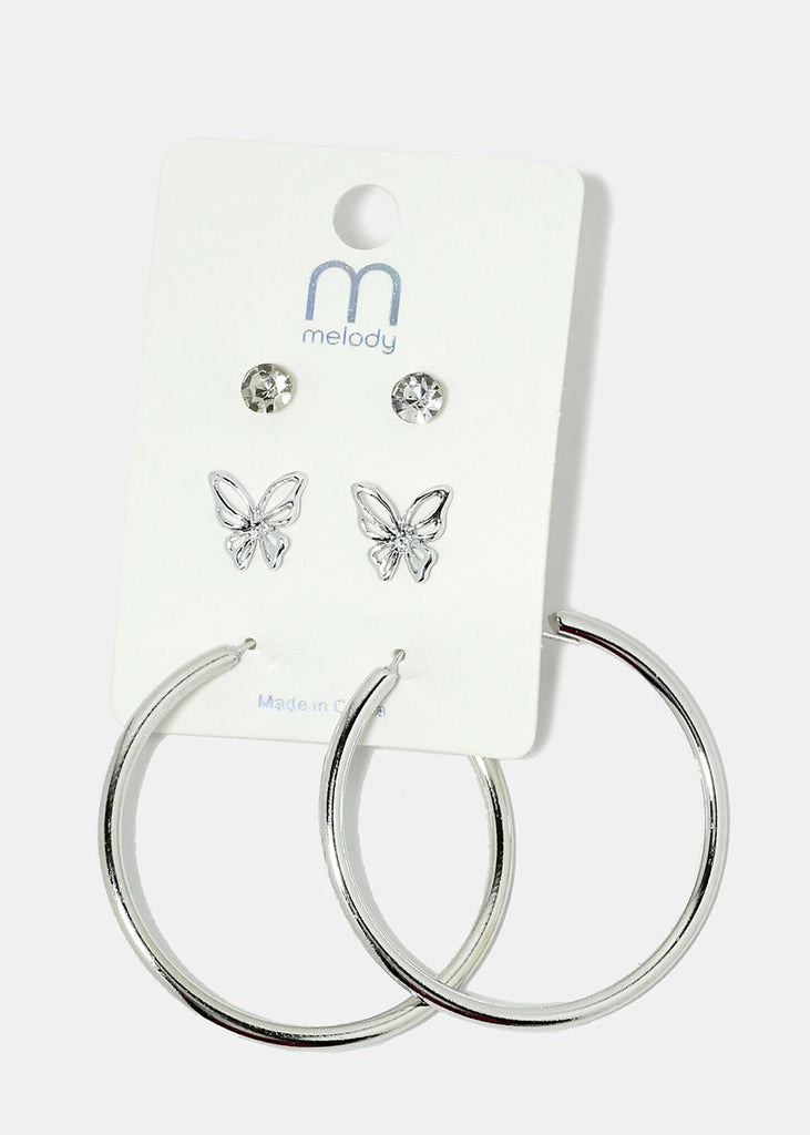 3-Pair Butterfly & Hoop Earrings Silver JEWELRY - Shop Miss A