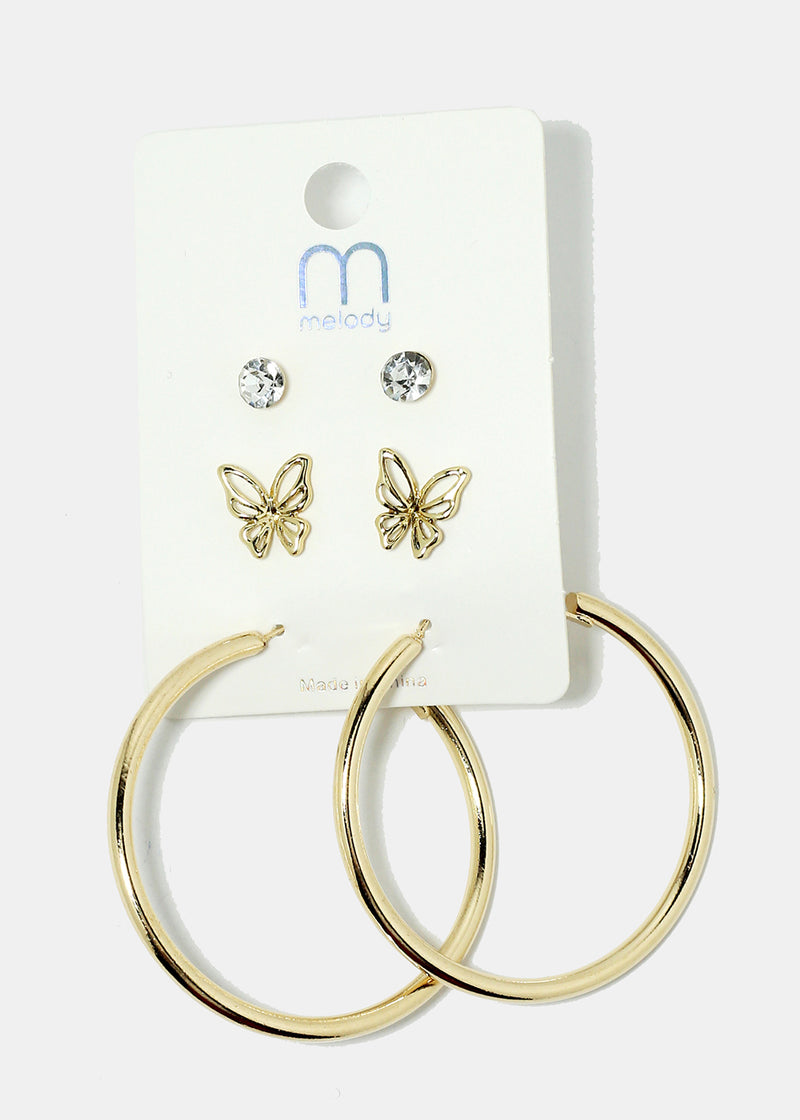 3-Pair Butterfly & Hoop Earrings Gold JEWELRY - Shop Miss A
