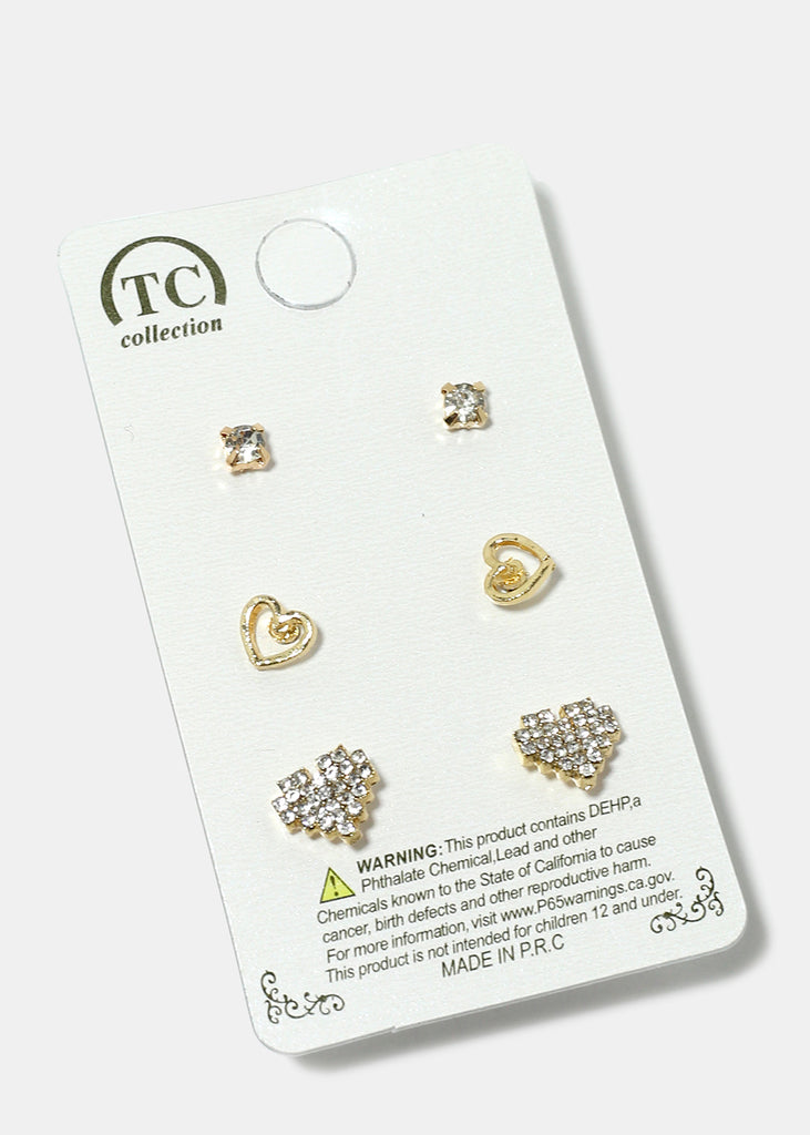 3-Pair Heart Stud Earrings Gold Clear JEWELRY - Shop Miss A