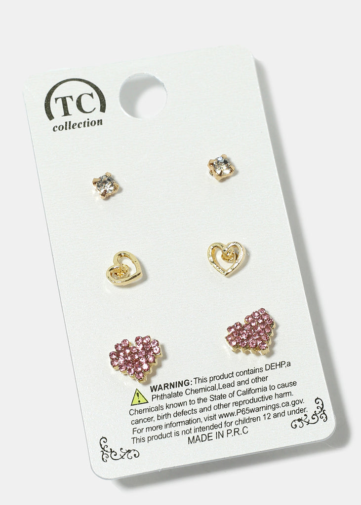 3-Pair Heart Stud Earrings Gold Pink JEWELRY - Shop Miss A