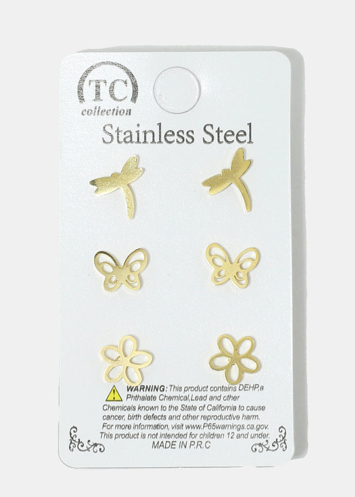 3-Pair Flower & Butterfly Stud Earrings Gold JEWELRY - Shop Miss A