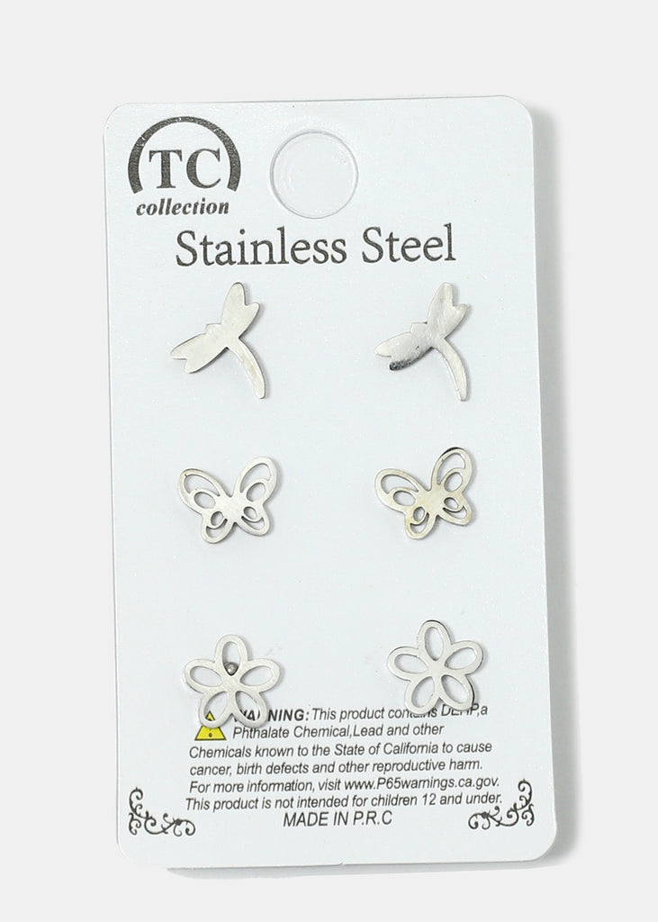 3-Pair Flower & Butterfly Stud Earrings Silver JEWELRY - Shop Miss A