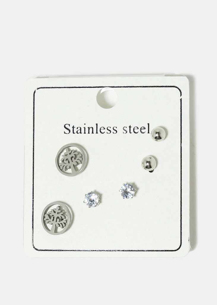 3-Pair Stainless Steel Stud Earrings Silver JEWELRY - Shop Miss A