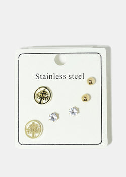 3-Pair Stainless Steel Stud Earrings Gold JEWELRY - Shop Miss A
