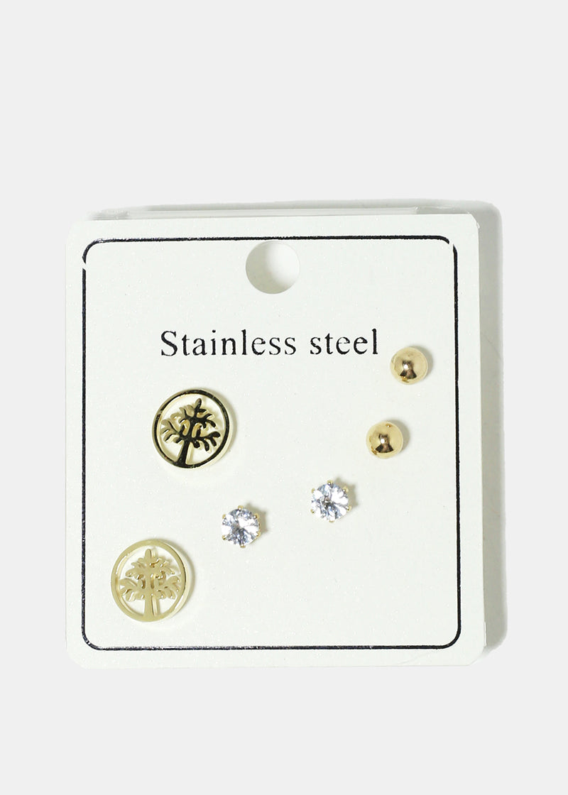 3-Pair Stainless Steel Stud Earrings Gold JEWELRY - Shop Miss A