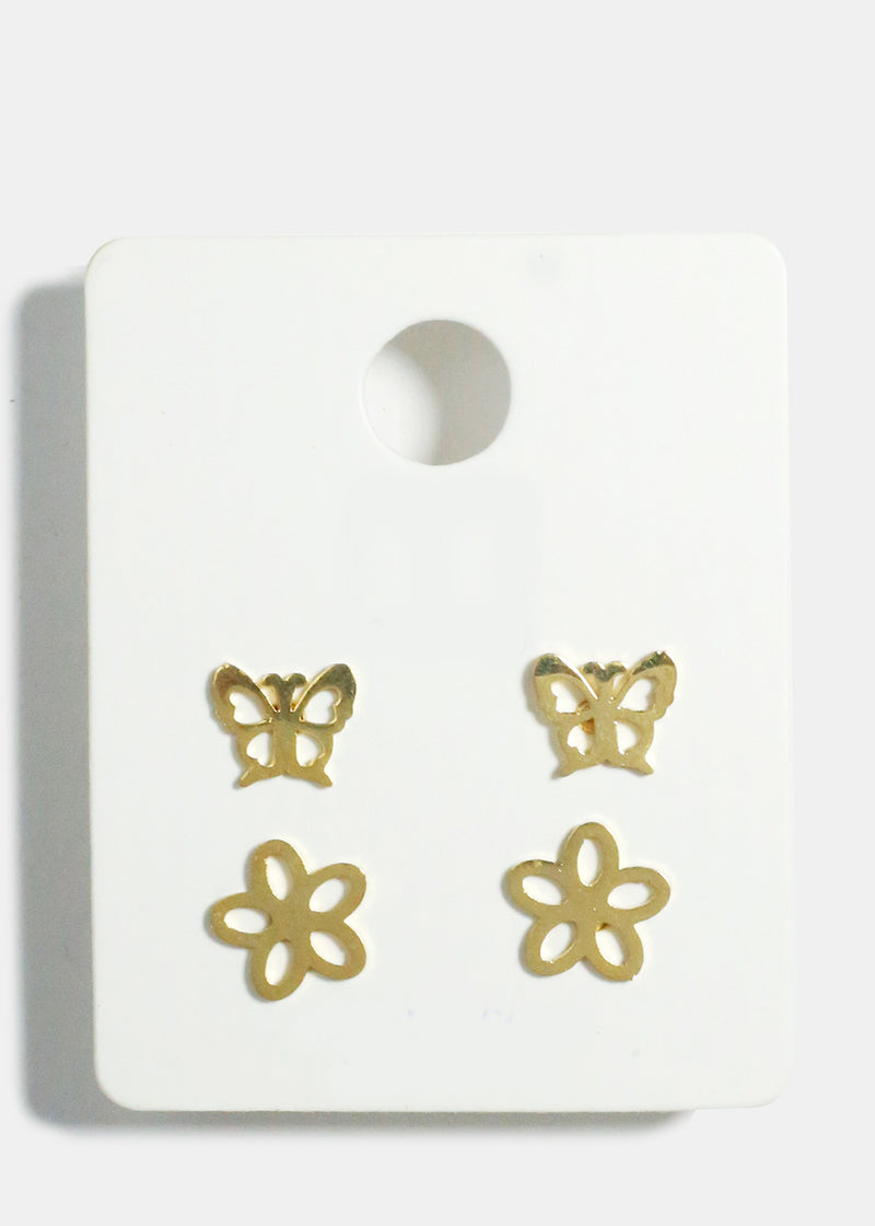 2-Pair Butterfly & Flower Stud Earrings Gold JEWELRY - Shop Miss A