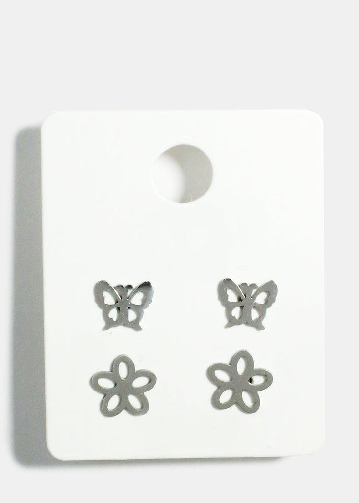 2-Pair Butterfly & Flower Stud Earrings Silver JEWELRY - Shop Miss A