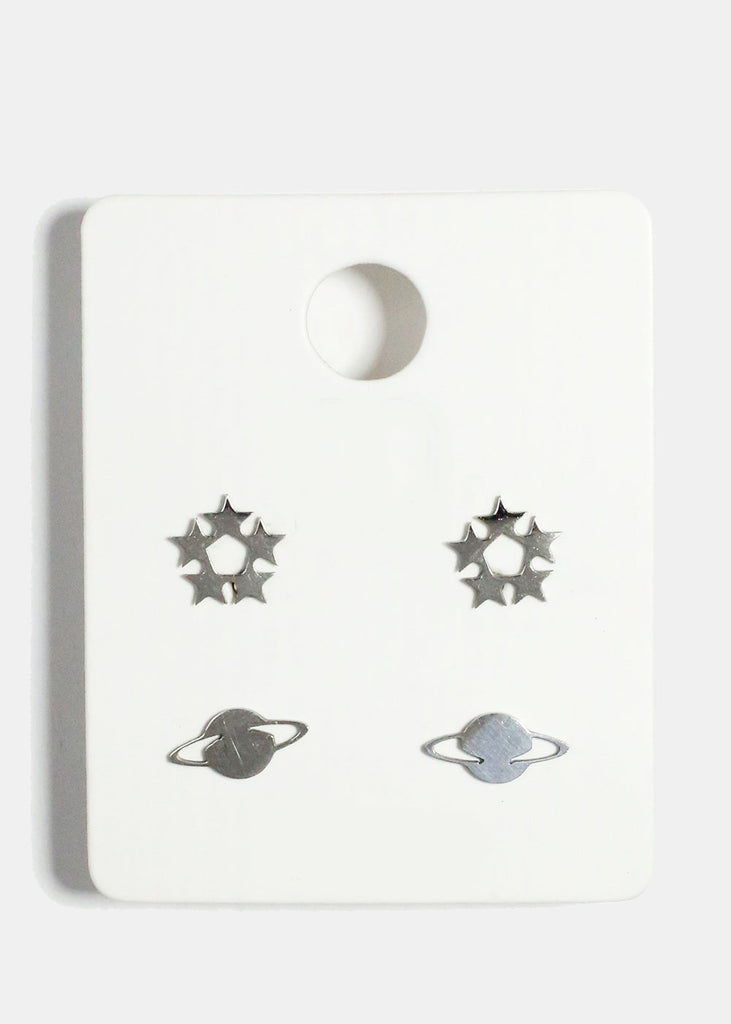 2-Pair Star & Planet Stud Earrings Silver JEWELRY - Shop Miss A