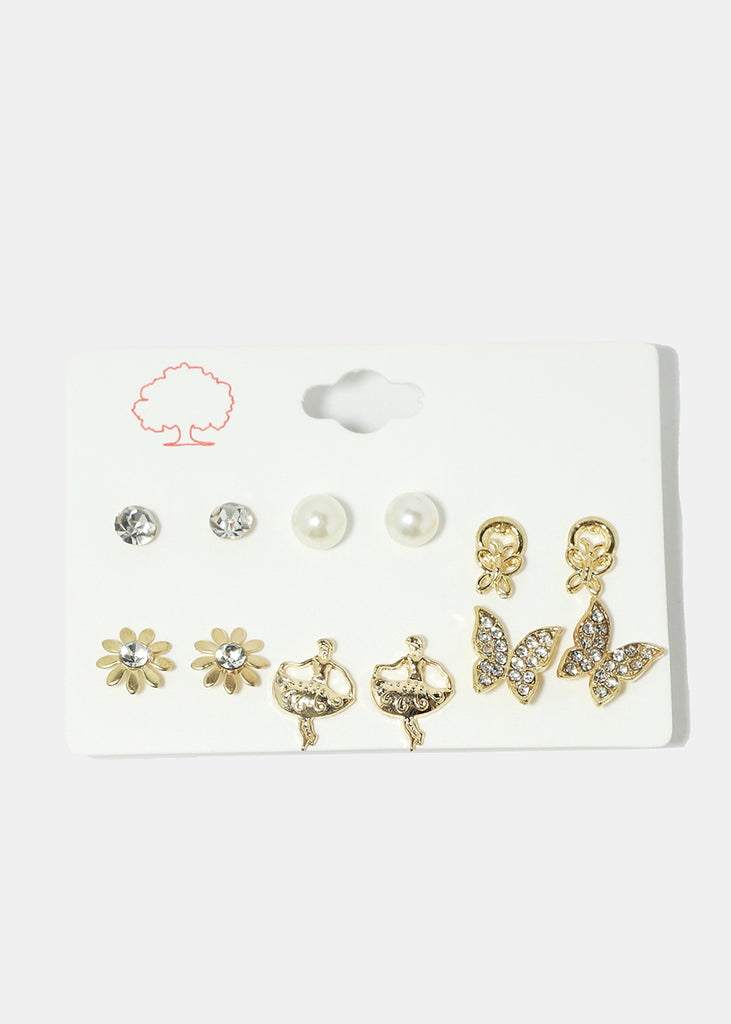 6-Pair Butterfly & Flower Stud Earrings Gold JEWELRY - Shop Miss A