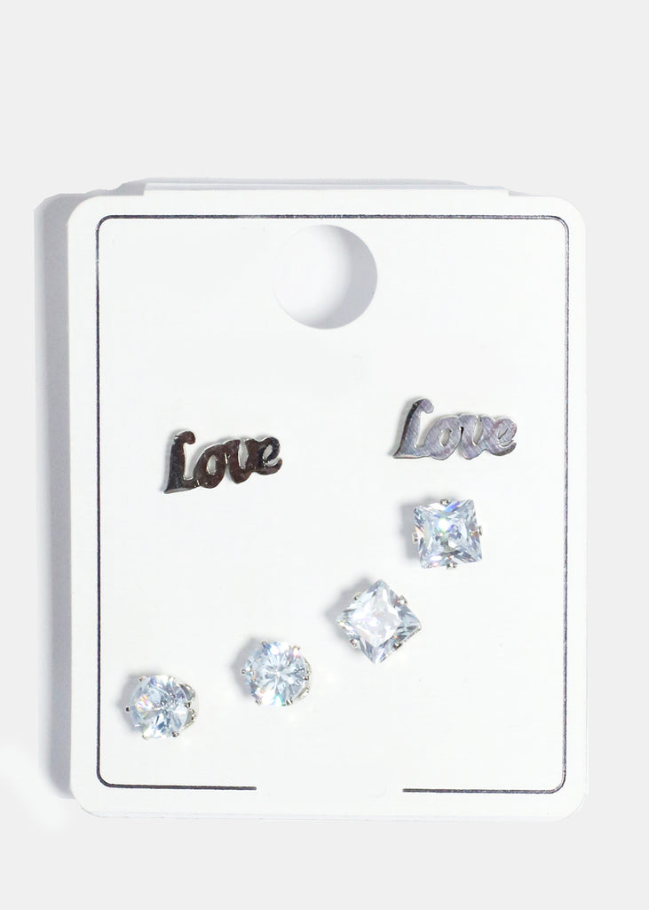 3 Pair "LOVE" & Rhinestone Stud Earrings Silver JEWELRY - Shop Miss A
