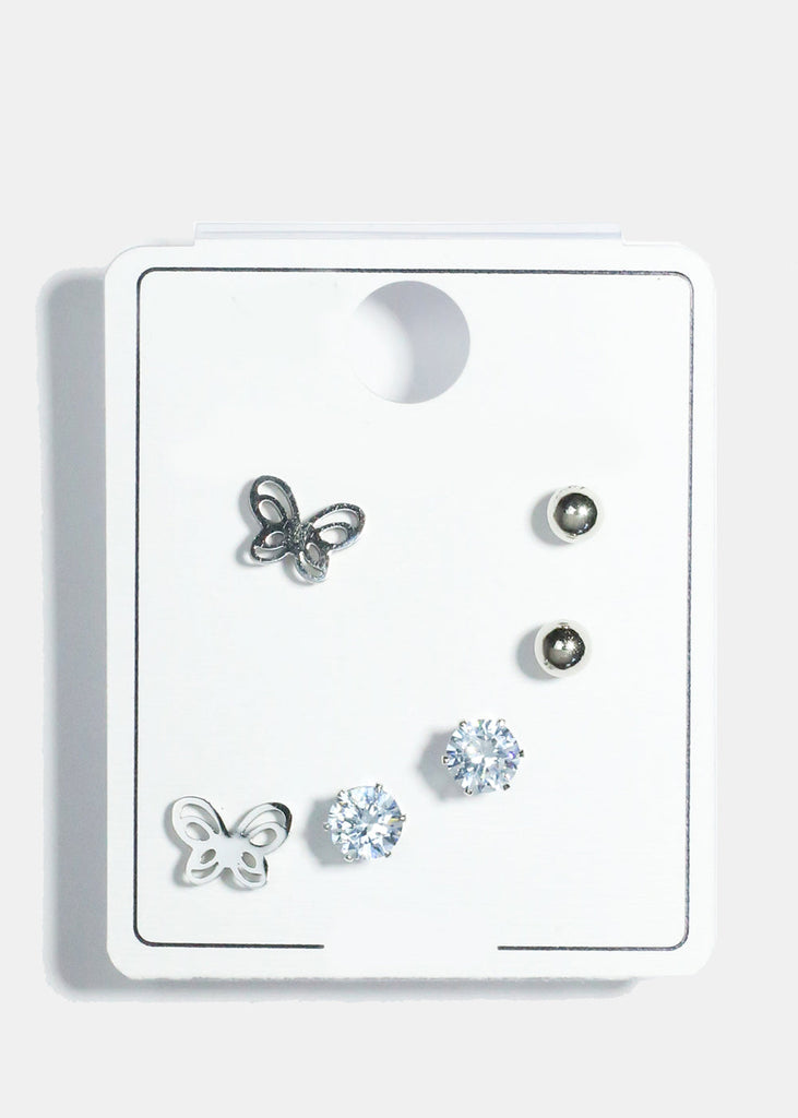 3-Pair Butterfly Stud Earrings Silver JEWELRY - Shop Miss A