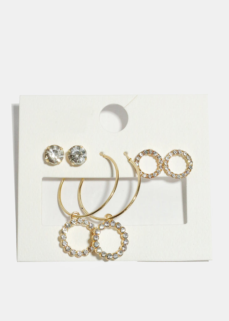 3-Pair Rhinestone Studded Hoop & Stud Earrings Gold JEWELRY - Shop Miss A