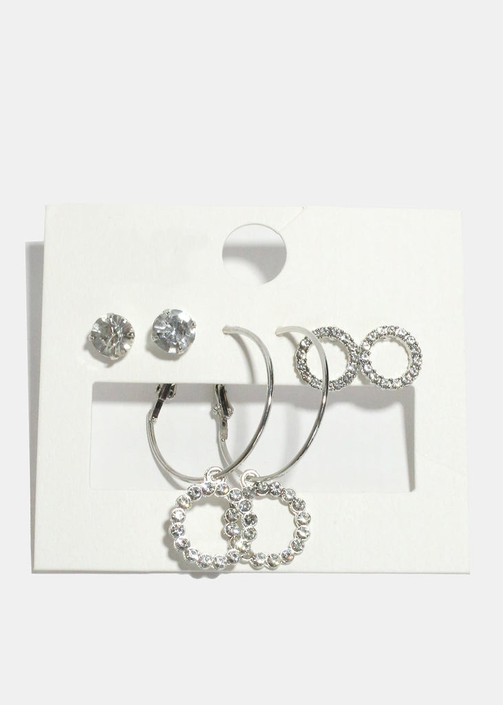3-Pair Rhinestone Studded Hoop & Stud Earrings Silver JEWELRY - Shop Miss A