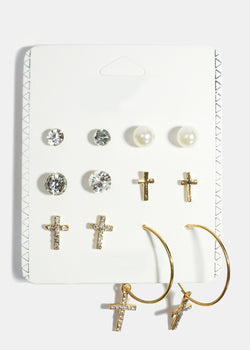 6-Pair Cross Stud & Hoop Earrings Gold JEWELRY - Shop Miss A