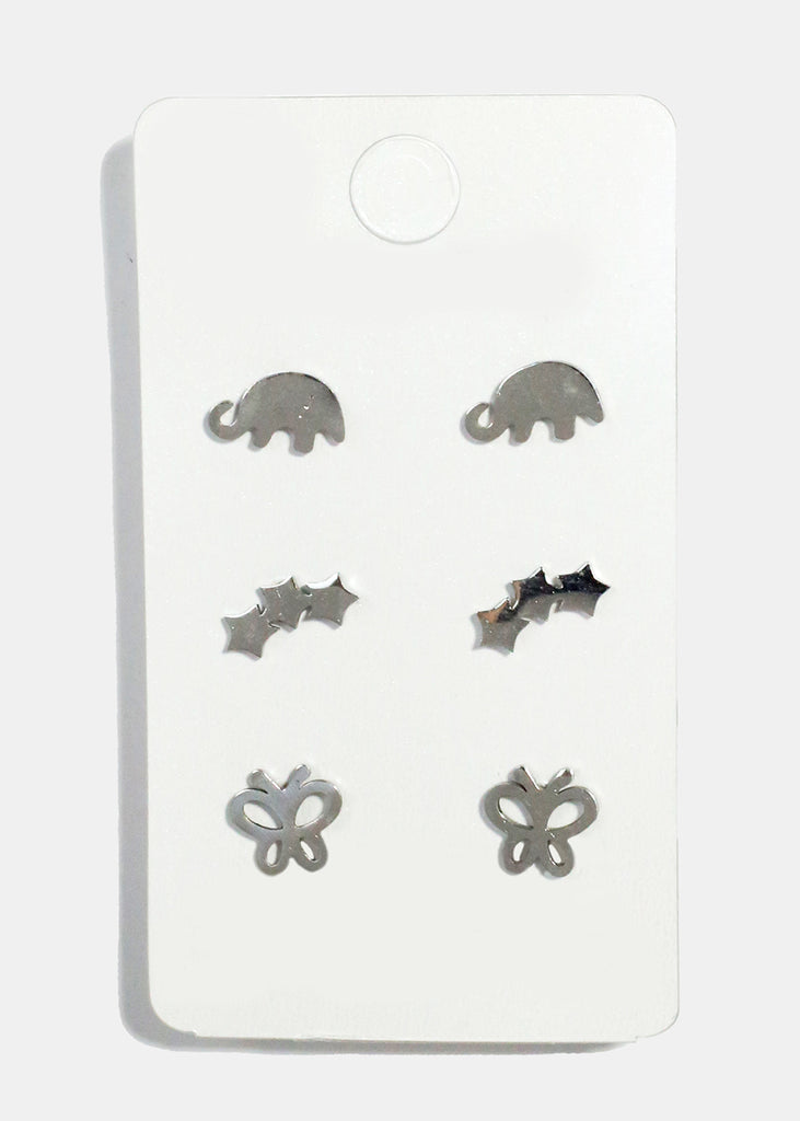 3-Pair Elephant, Star & Butterfly Stud Earrings Silver JEWELRY - Shop Miss A