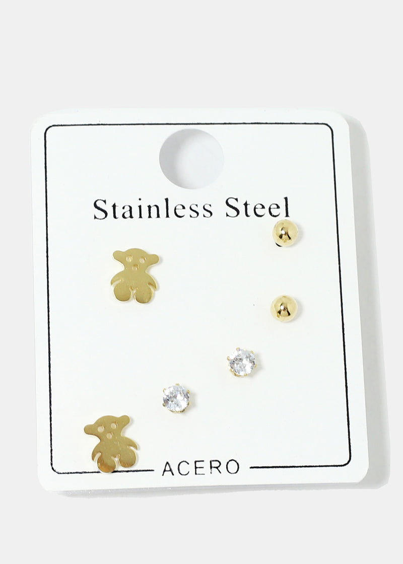 3-Pair Bear & Rhinestone Stud Earrings Gold JEWELRY - Shop Miss A